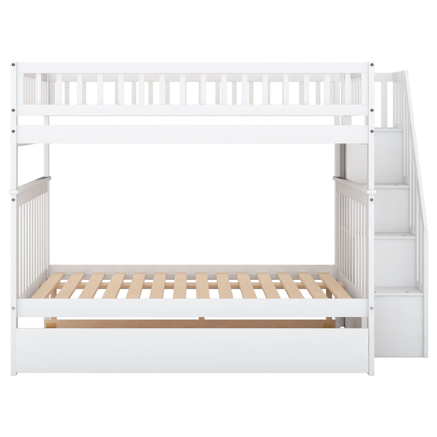 Space-Saving Full Over Full Wood Bunk Bed with Trundle and Staircase, Gray and White | Just Better Bunk Beds