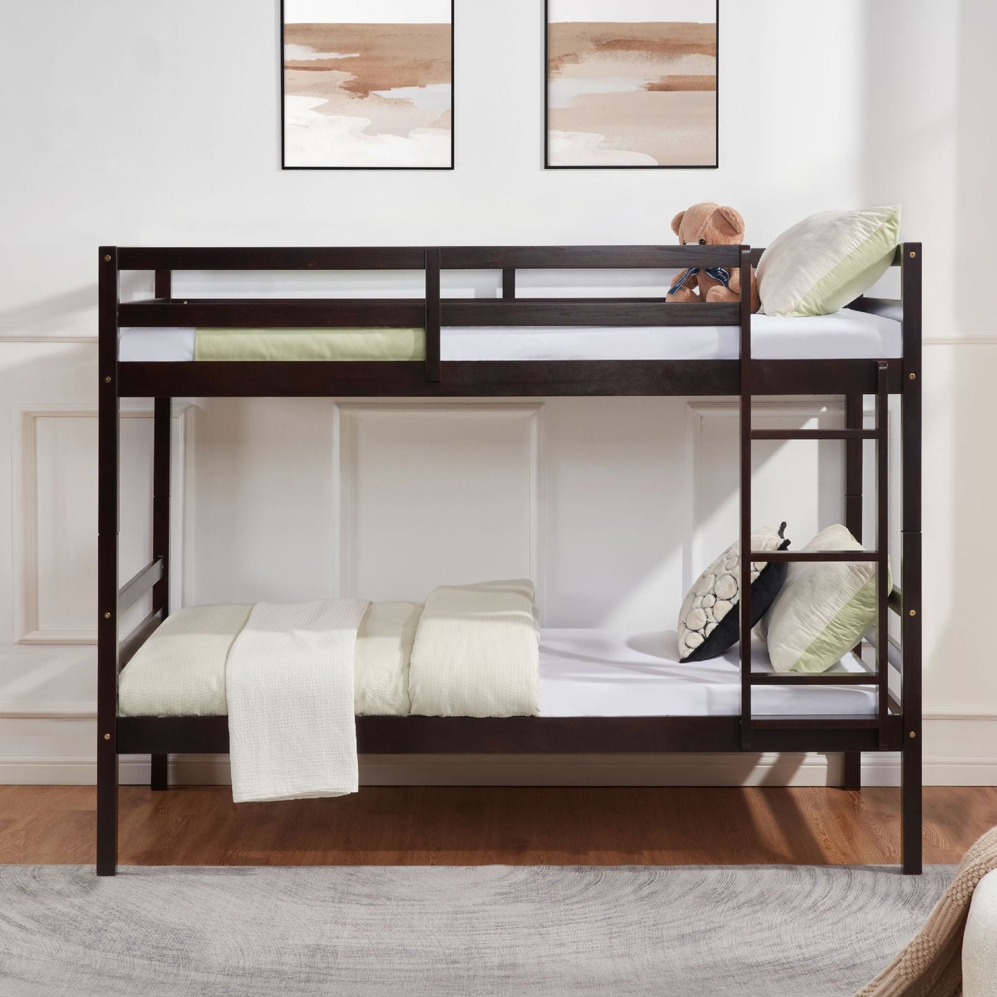 Twin over Twin Bunk Bed with Ladder,Wooden Bunk Bed with High Guardrail and Ladder for Kids, Teens, Dorm Rooms, and Guest Rooms,No Box Spring Needed,Espresso