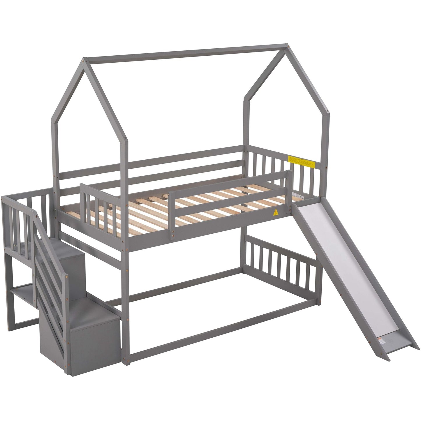 House-Style Twin Over Twin Wood Bunk Bed with Convertible Slide and Storage Staircase, Gray | Just Better Bunk Beds