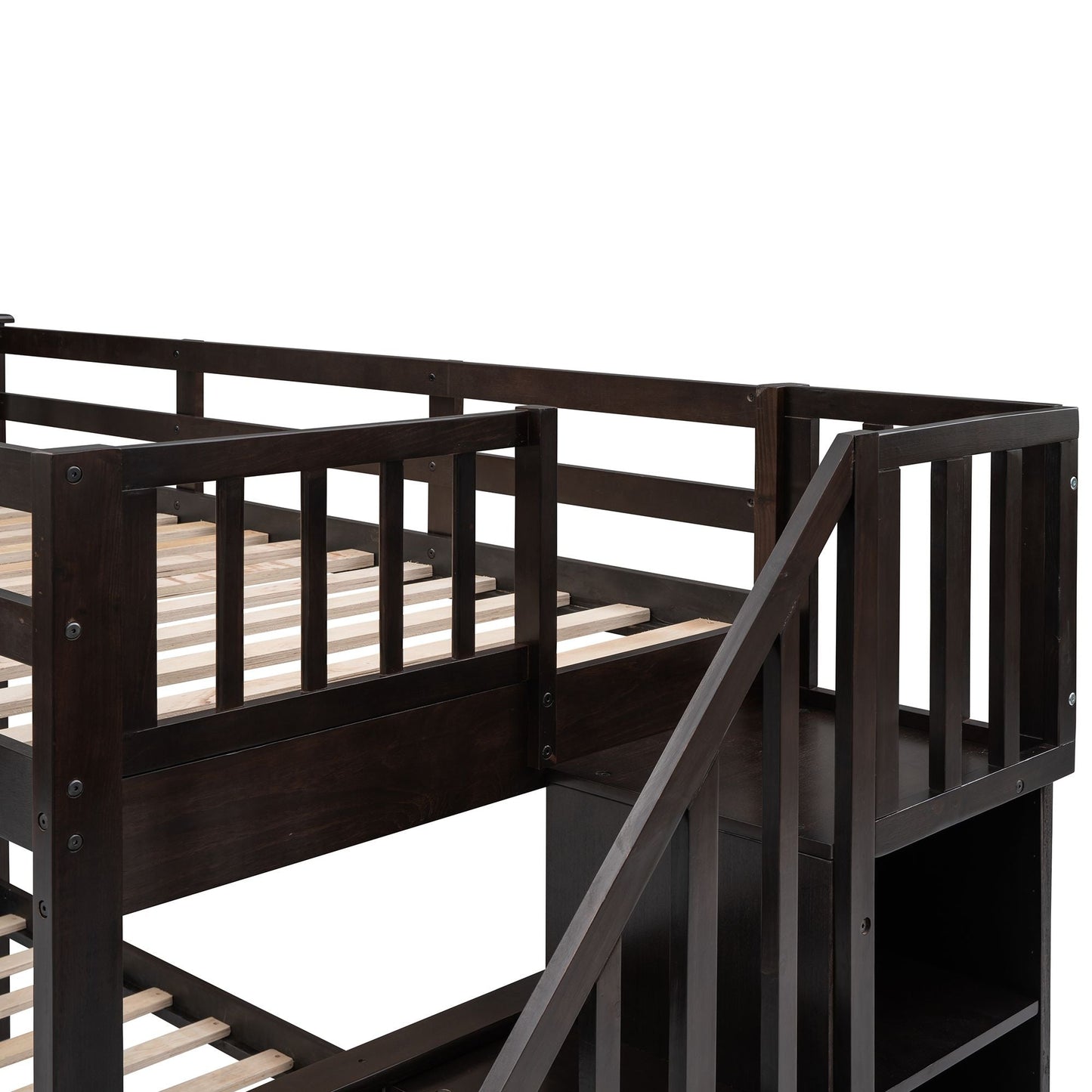 Staircase Storage Twin Over Full Wood Bunk Bed with Drawer, Storage, and Guard Rail, Espresso | Just Better Bunk Beds