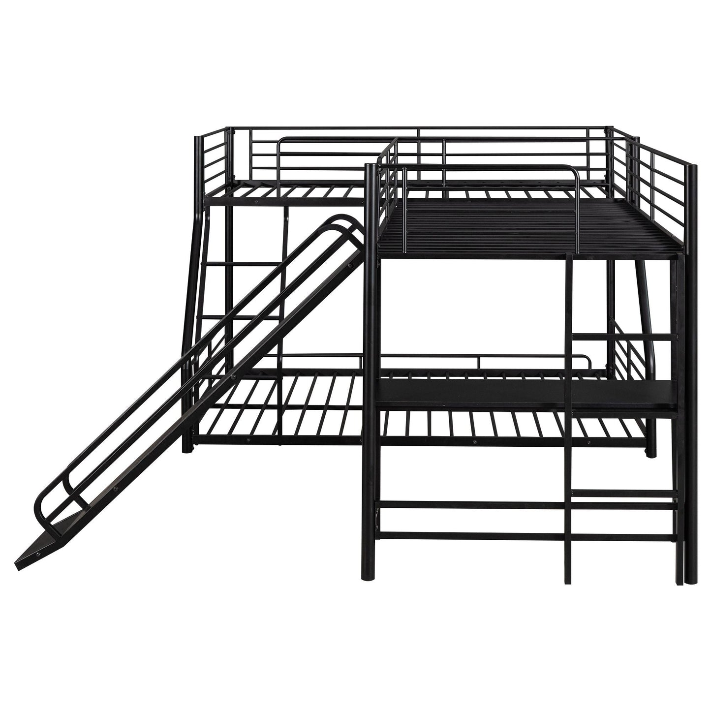 L-Shaped Twin over Full Bunk Bed with Twin Size Loft Bed, Built-in Desk and Slide, Black
