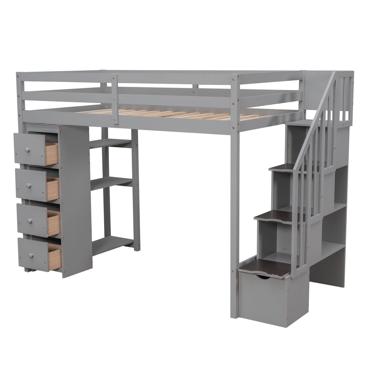 Kids Bedroom Twin Wood Loft Bed with Storage Drawers and Stairs, Espresso | Just Better Bunk Beds