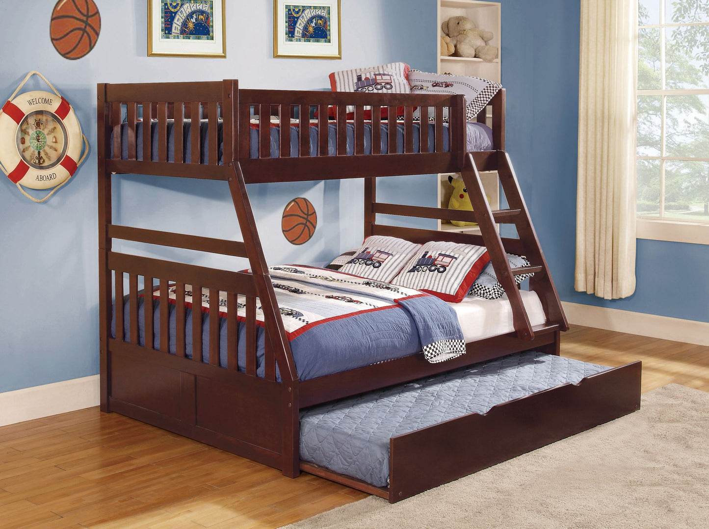 Shared Room Solution Twin Over Full Wood Bunk Bed with Twin Trundle, Espresso | Just Better Bunk Beds