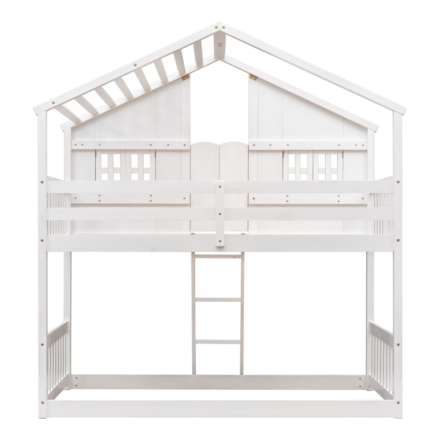 House-Style Twin Over Twin Wood Bunk Bed with Roof, Window, Door, and Ladder, Multiple Colors | Just Better Bunk Beds