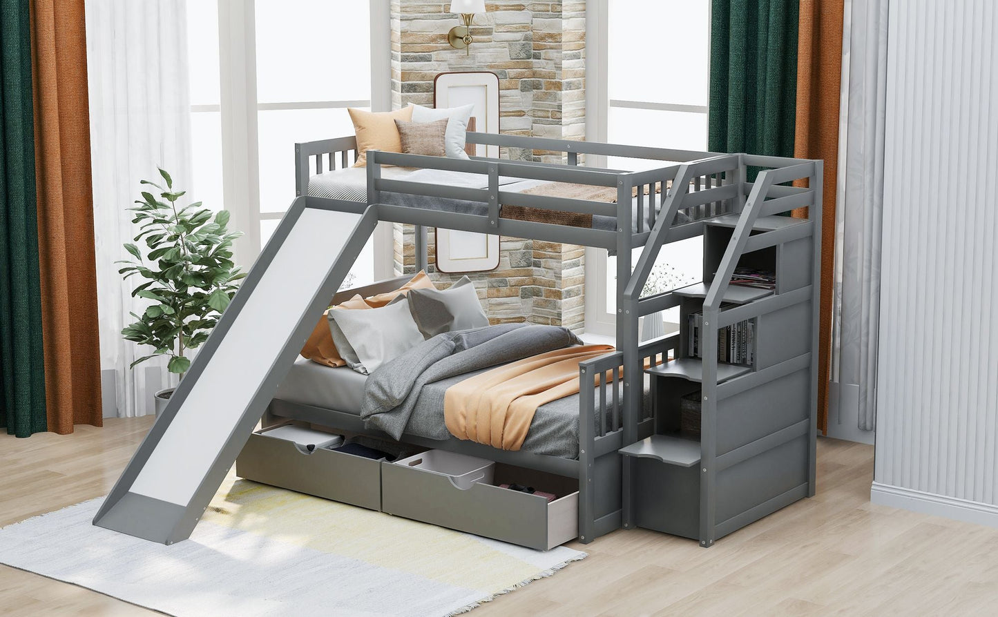 Multifunction Twin Over Full Wood Bunk Bed with Drawers, Storage and Slide, Gray | Just Better Bunk Beds