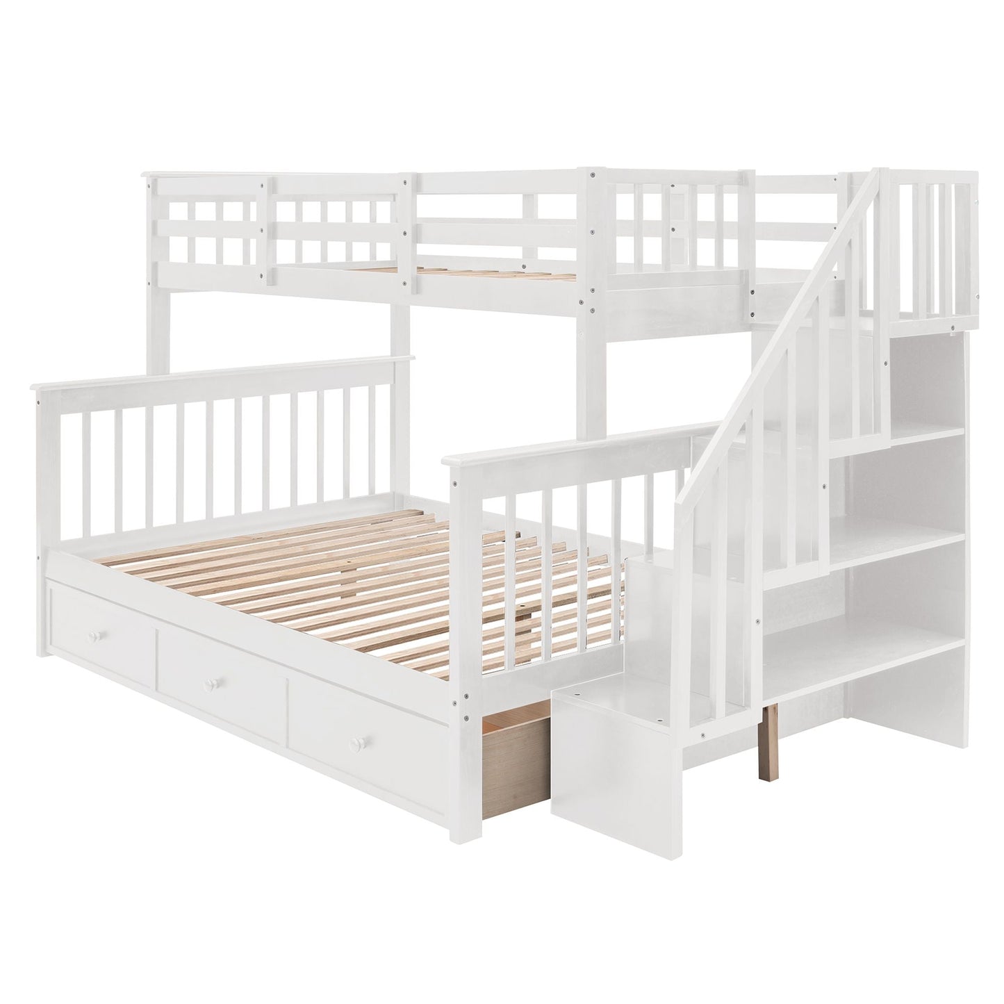 Staircase Storage Twin Over Full Wood Bunk Bed with Drawer and Guard Rail, Espresso, Gray, White | Just Better Bunk Beds