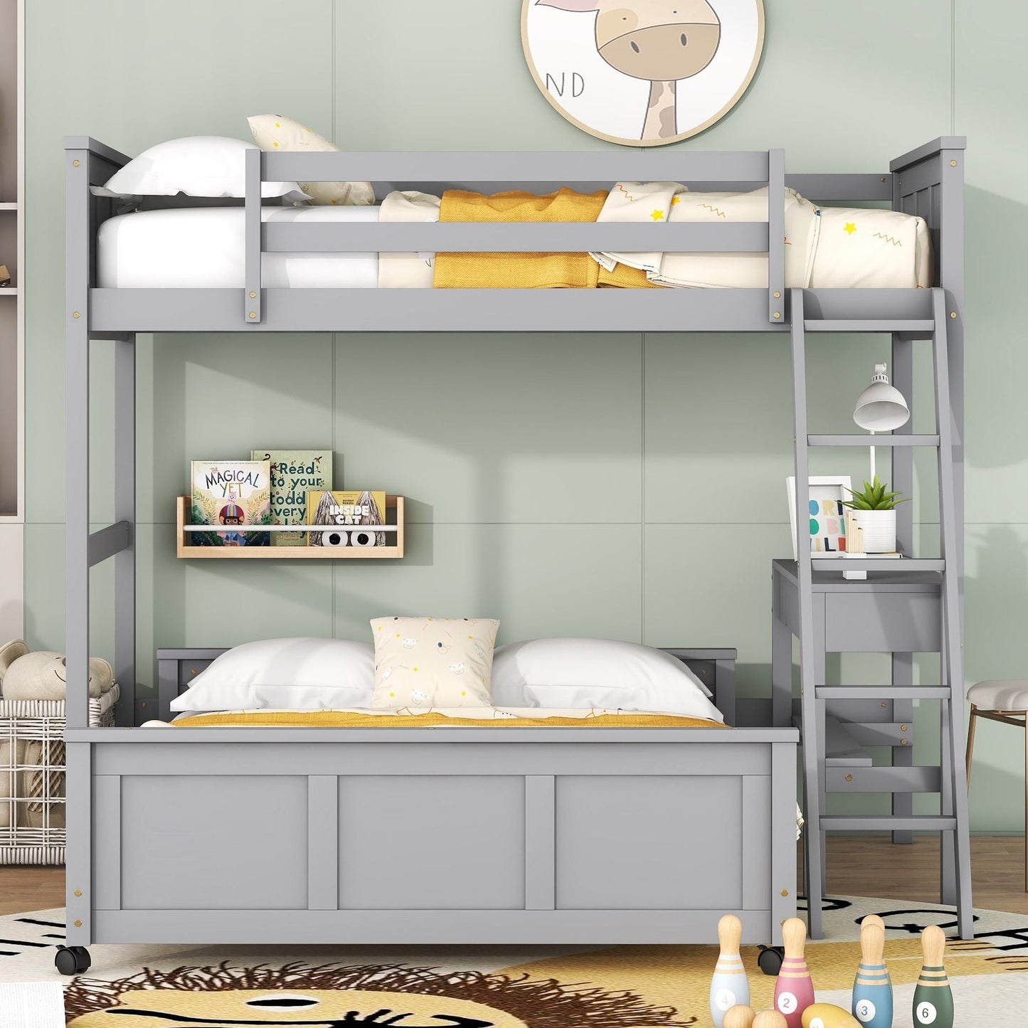 Twin Over Full Bunk Bed with Desk,  Gray