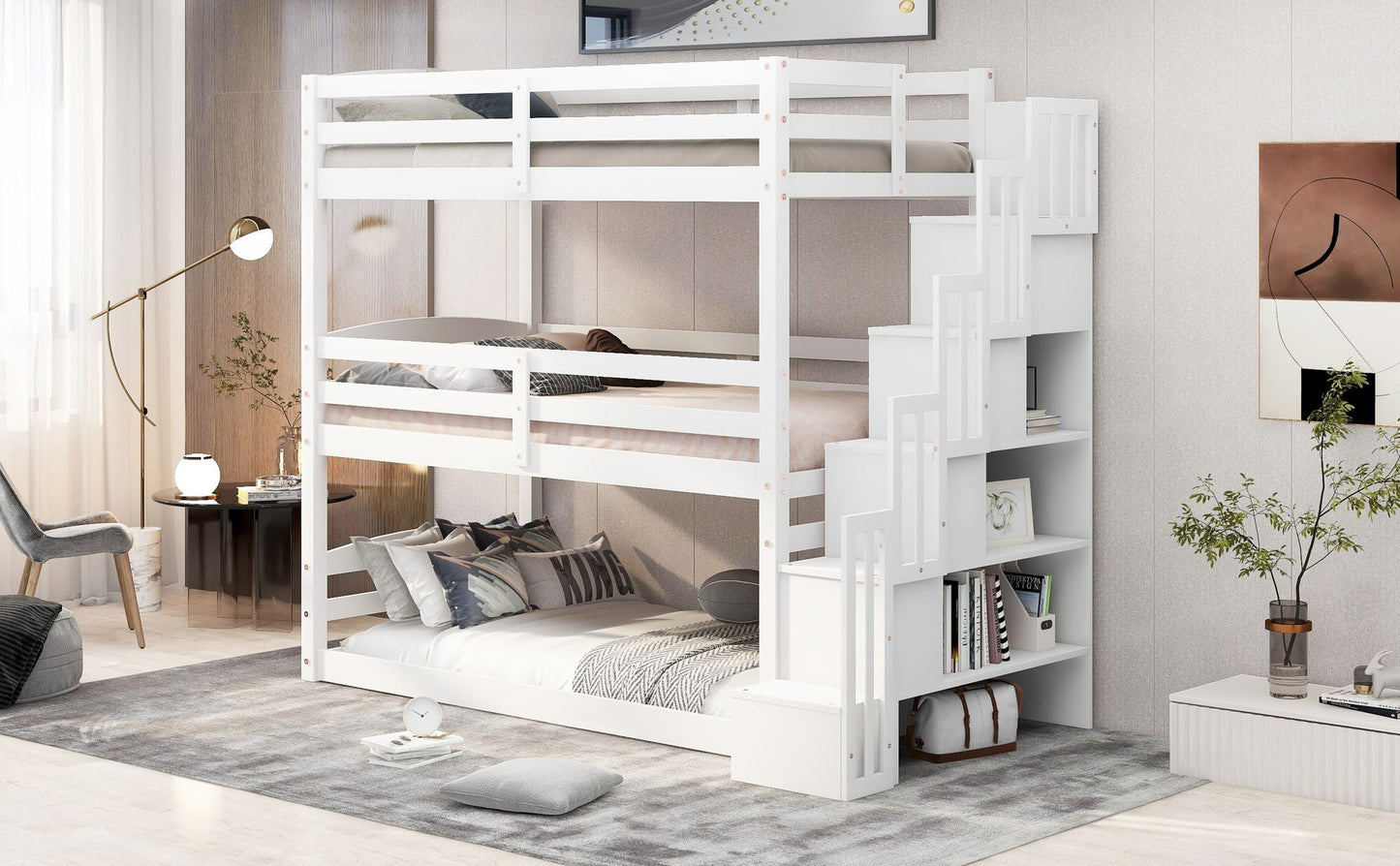 Shared Room Solution Twin Triple Wood Bunk Bed with Storage Staircase, White | Just Better Bunk Beds