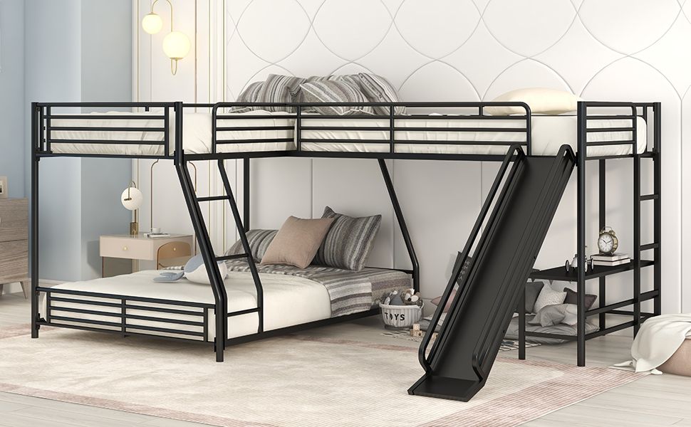 L-Shaped Twin Over Full Wood Bunk Bed with Twin Loft, Black with Built-In Desk and Slide | Just Better Bunk Beds