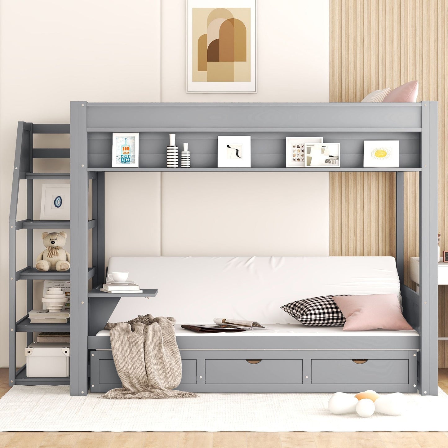 Convertible Full Wood Bunk Bed with Storage Staircase, Bedside Table, 3 Drawers, White | Just Better Bunk Beds