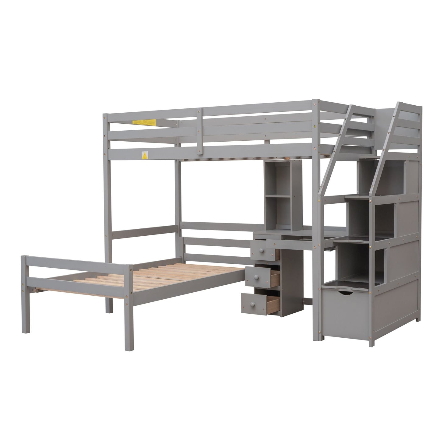 Space-Saving Twin Wood Loft Bed with Stand-Alone Bed, Storage Staircase, Desk, Shelves and Drawers, White | Just Better Bunk Beds