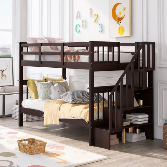 Staircase Storage Twin Over Twin Wood Bunk Bed, Espresso | Just Better Bunk Beds