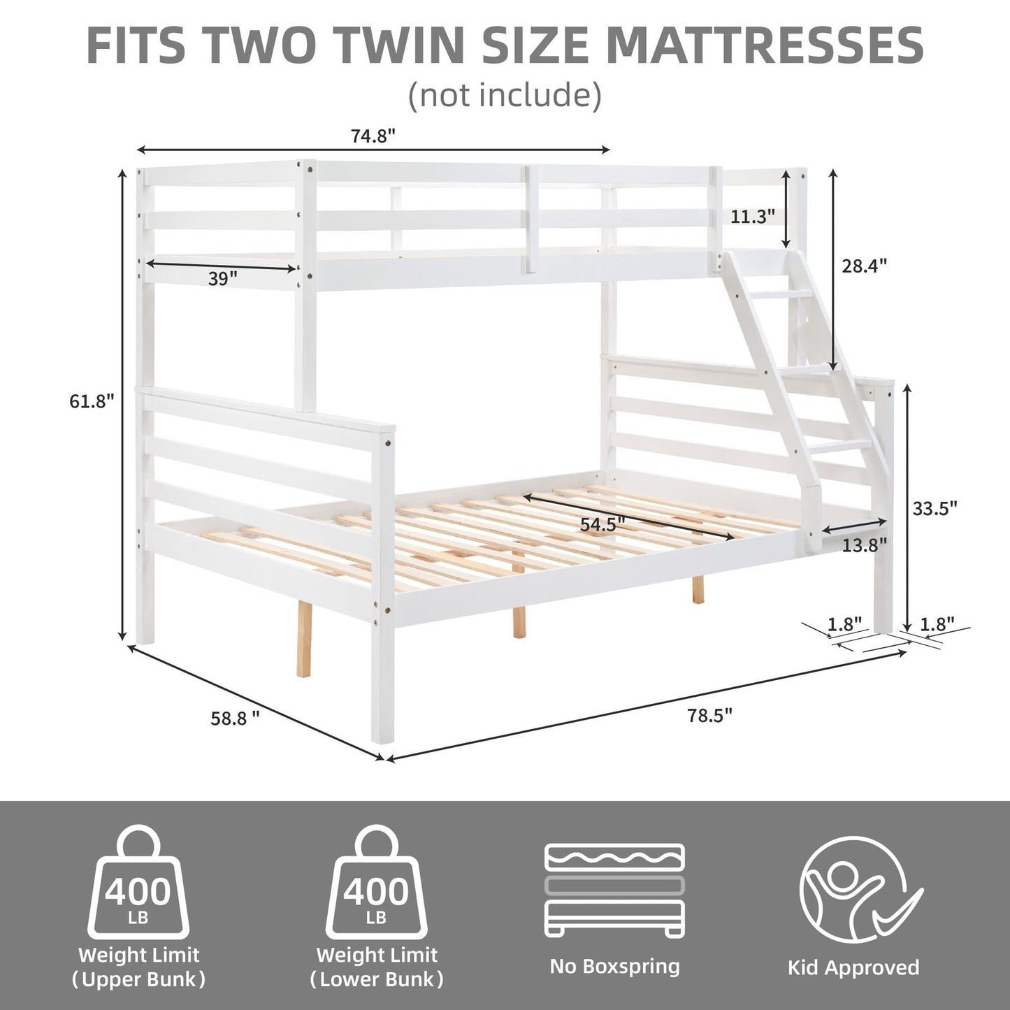 Shared Room Solution Twin Over Full Wood Bunk Bed, White with Ladder and High Guardrail | Just Better Bunk Beds