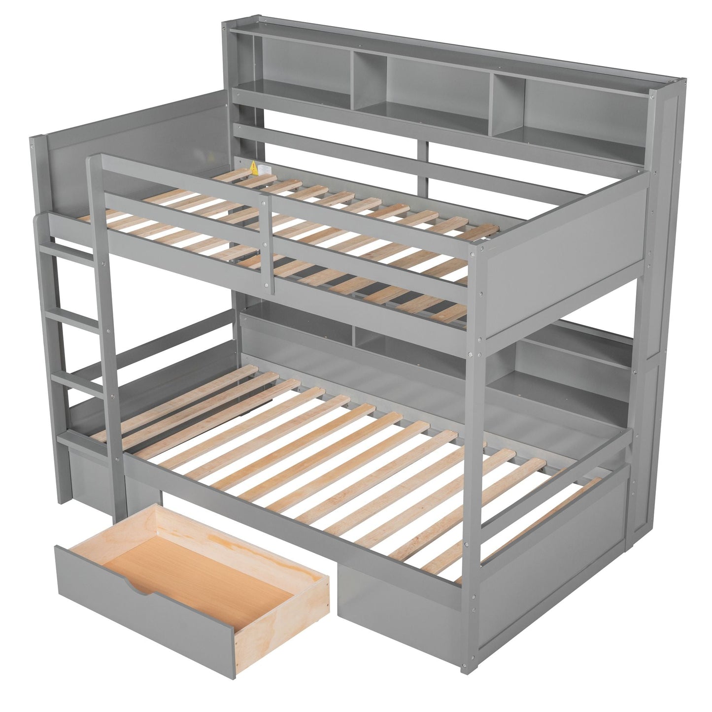 Organized Twin Wood Bunk Bed with Built-In Shelves and Storage Drawer, White | Just Better Bunk Beds