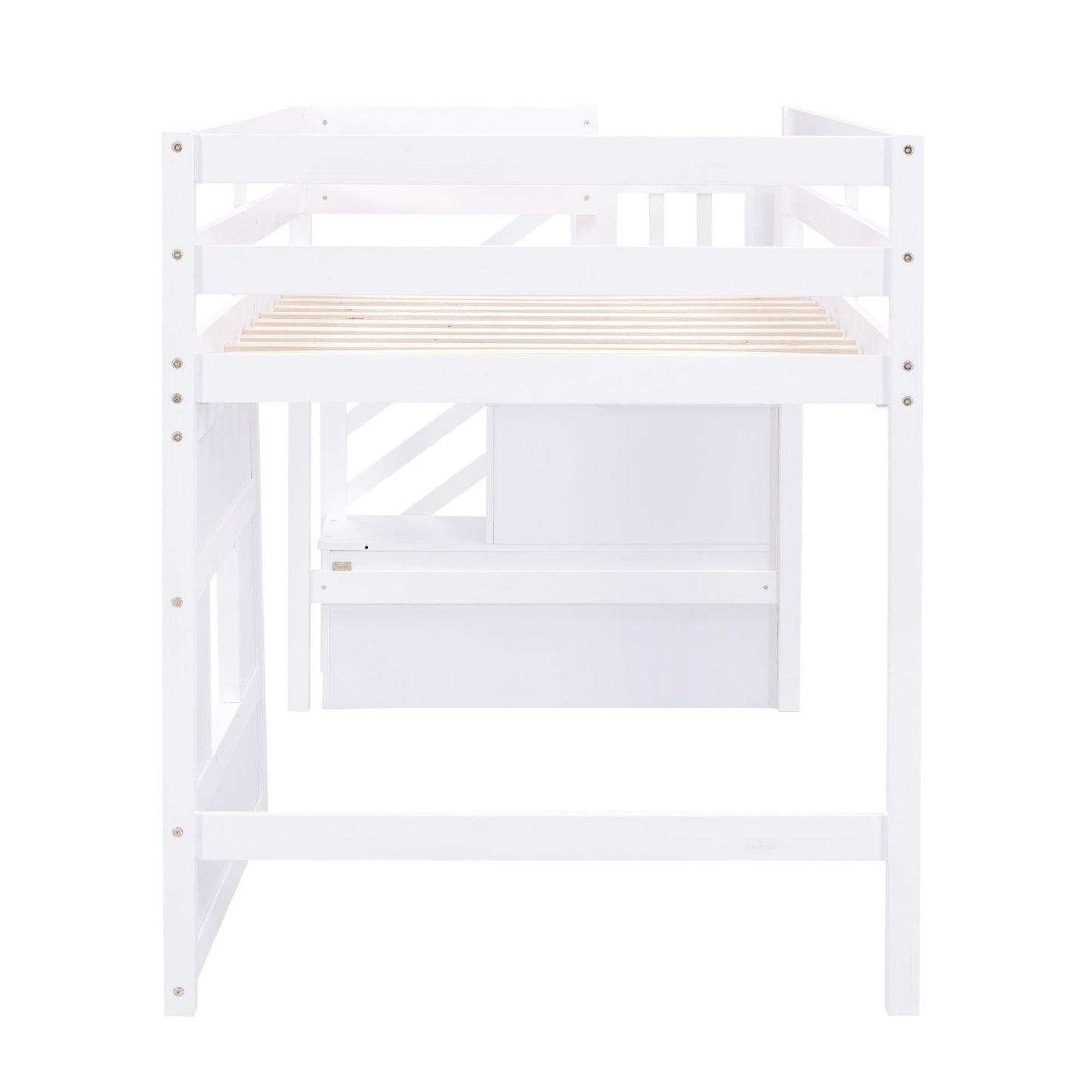 Space-Saving Twin Loft Wood Bed with Storage Staircase and Window, White | Just Better Bunk Beds