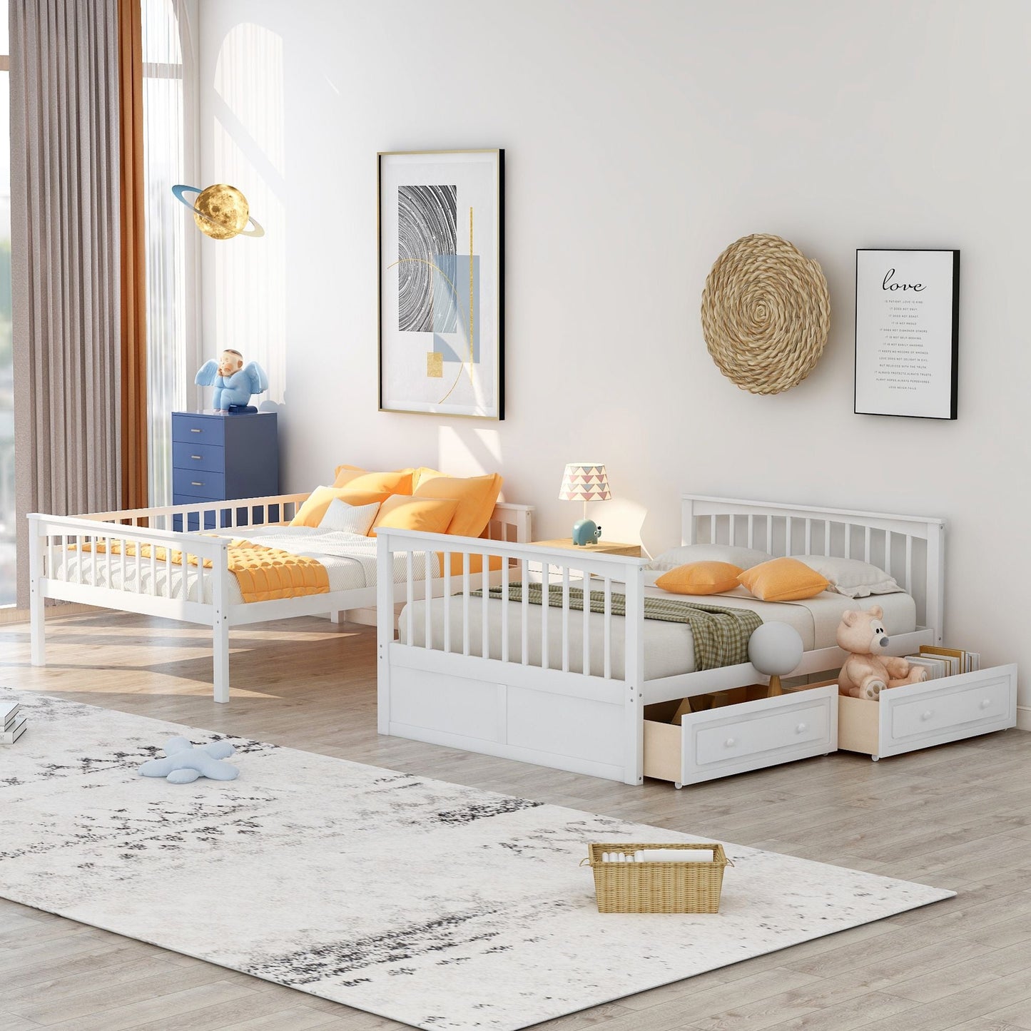 Convertible Full Over Full Wood Bunk Bed with Drawers, White | Just Better Bunk Beds