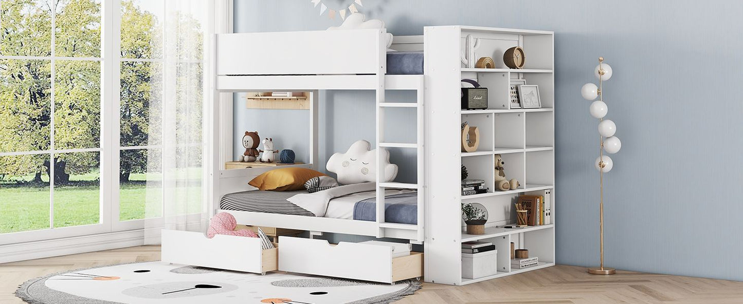 Storage Twin Over Twin Wood Bunk Bed with 2 Drawers and Multi-Layer Cabinet, White | Just Better Bunk Beds