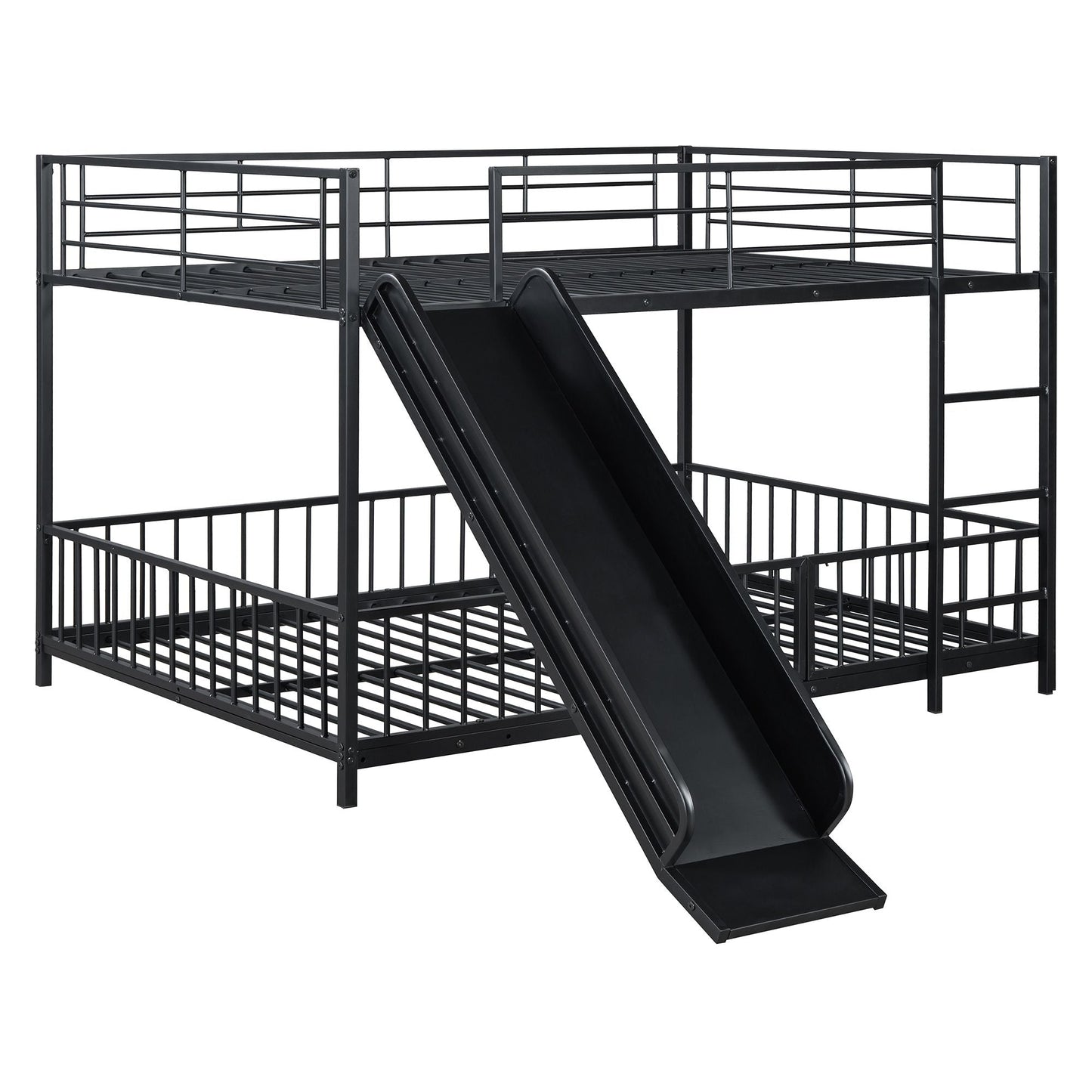 Full over Full Size Metal Bunk Bed with Slide and Guardrails,  Black