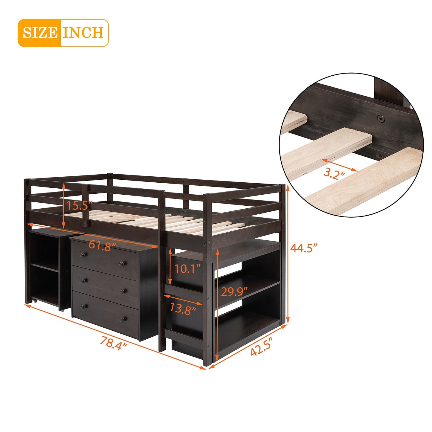 Kids Bedroom Twin Wood Loft Bed with Cabinet and Rolling Desk, White | Just Better Bunk Beds