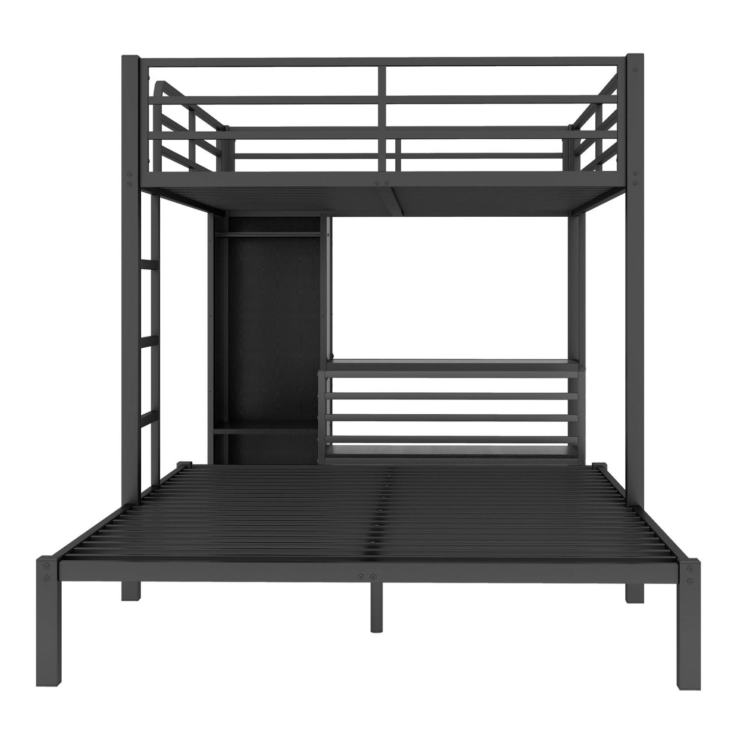 Shared Room Solution Queen Over Queen Metal Bunk Bed with Built-in Wardrobe, Desk, and Storage Chairs, Black | Just Better Bunk Beds