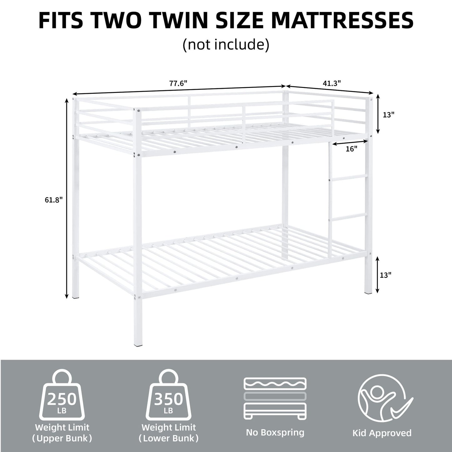 Space-Saving Low Profile Twin Over Twin Metal Bunk Bed with Ladder, White | Just Better Bunk Beds