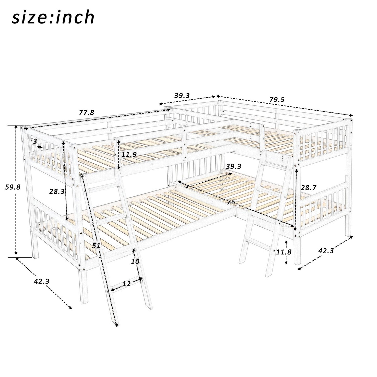 Space-Saving L-Shaped Twin Wood Bunk Bed with Ladder and Safety Guardrail, Gray | Just Better Bunk Beds