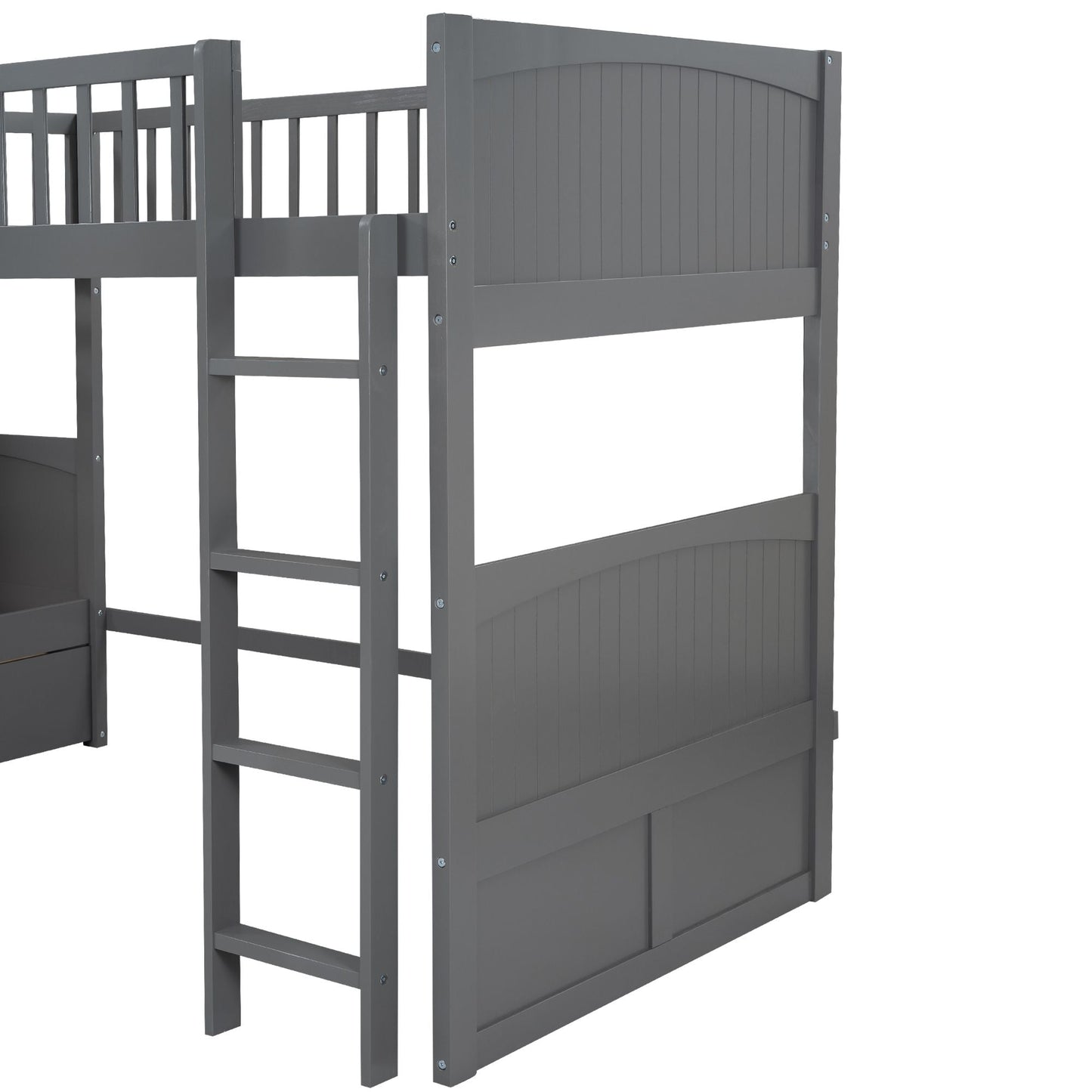 Space-Saving Twin Wood Bunk Bed with Loft and Two Drawers, Gray | Just Better Bunk Beds