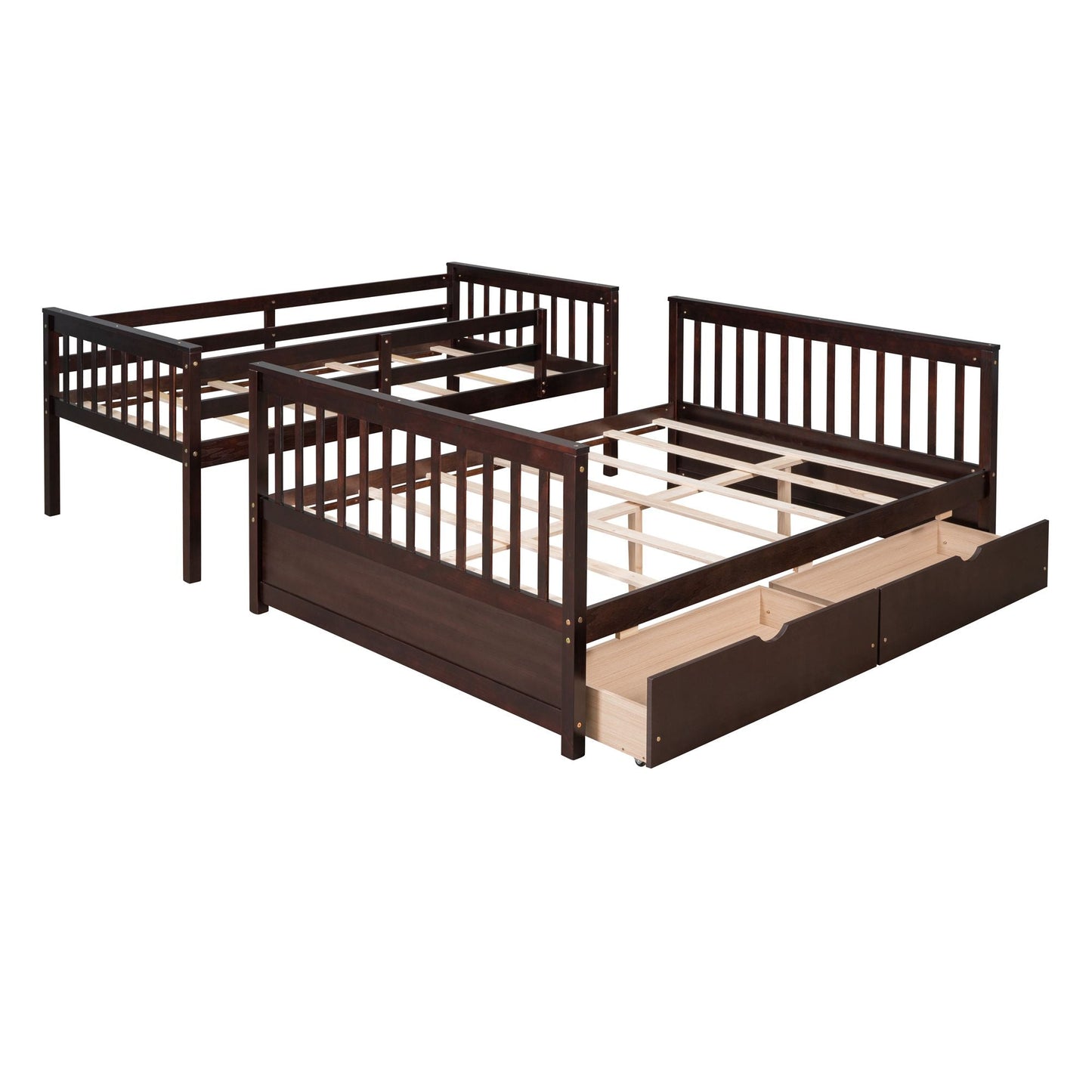 Heavy-Duty Twin Over Full Wood Bunk Bed with Ladder and Two Storage Drawers, Espresso | Just Better Bunk Beds