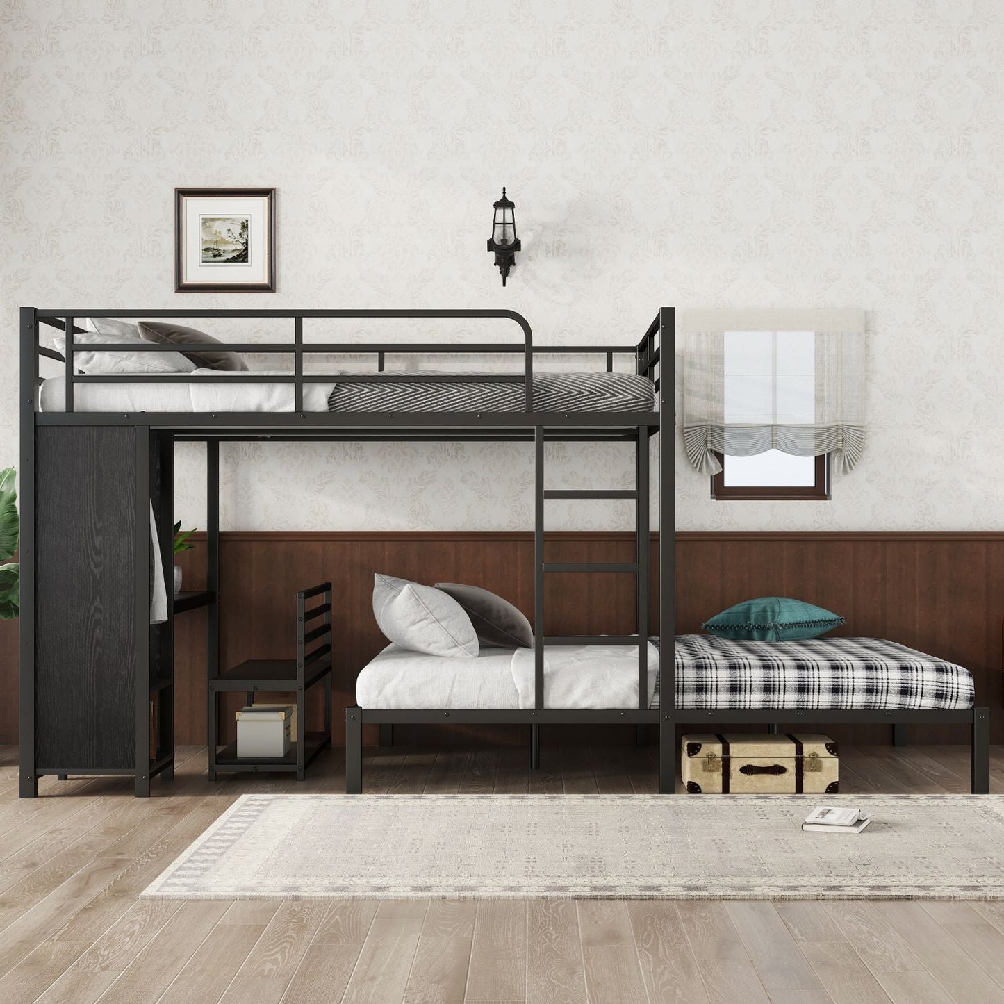 Shared Room Solution Queen Over Queen Metal Bunk Bed with Built-in Wardrobe, Desk, and Storage Chairs, Black | Just Better Bunk Beds