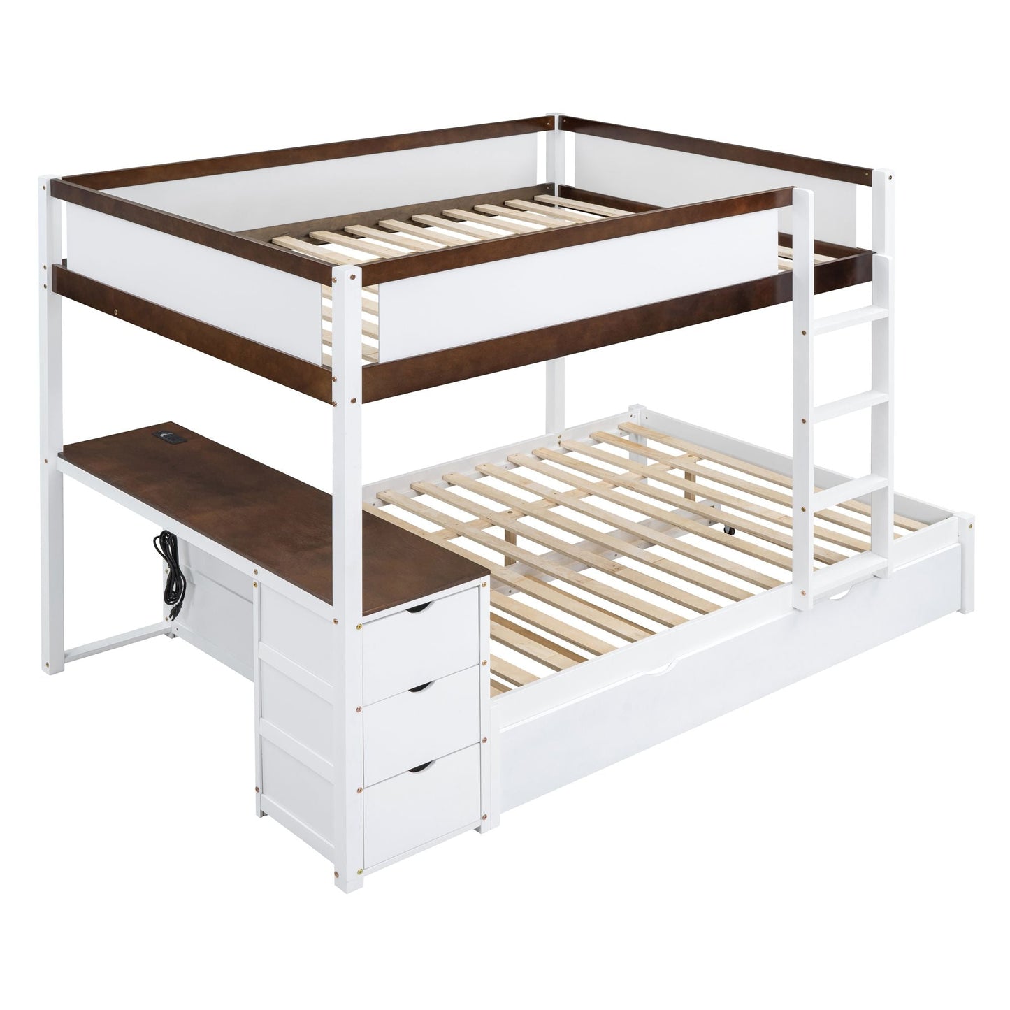 Shared Room Solution Full Over Full Wood Bunk Bed with Twin Trundle, Storage, Desk, White Walnut | Just Better Bunk Beds