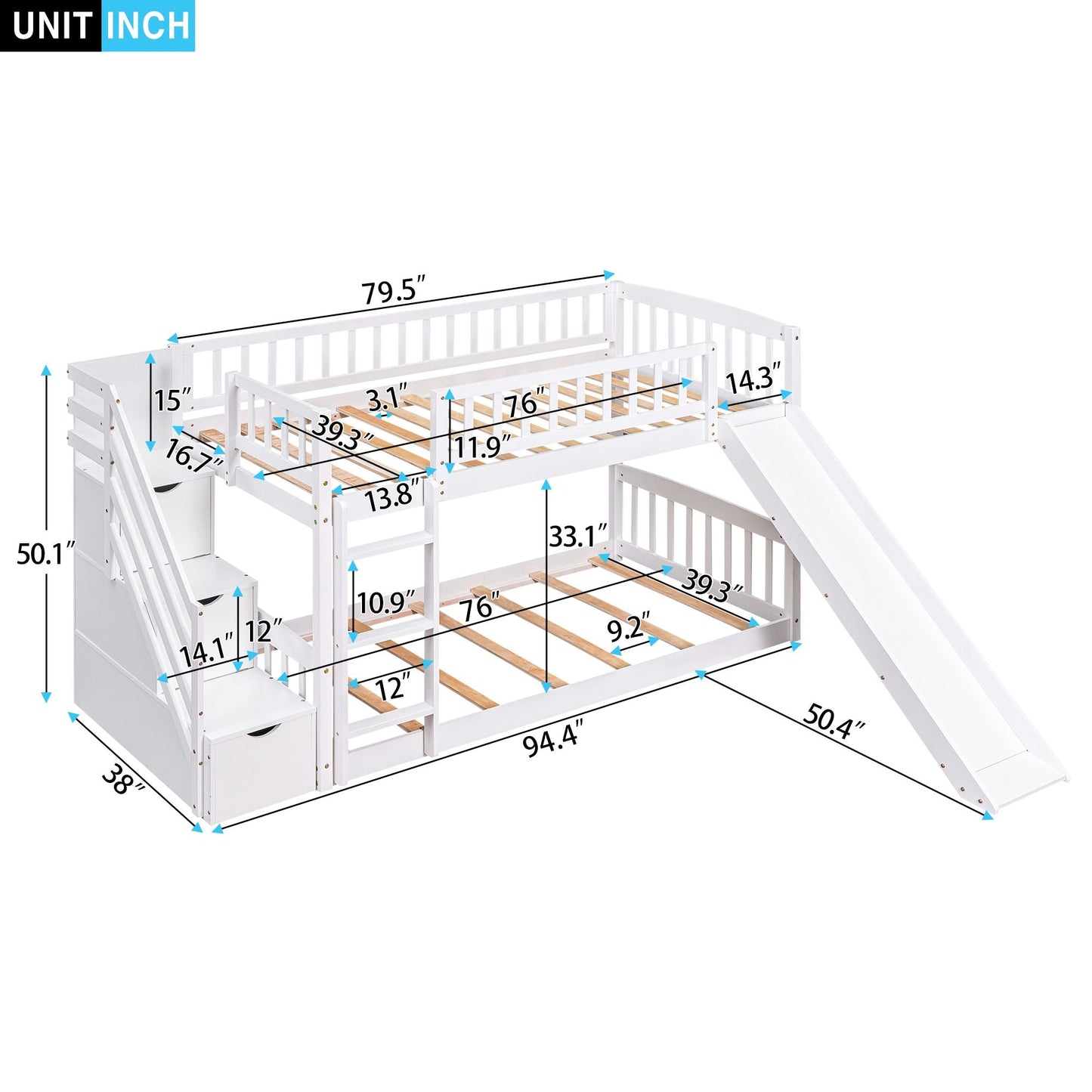 Stairway Twin over Twin Bunk Bed with Two Drawers and Slide,  White