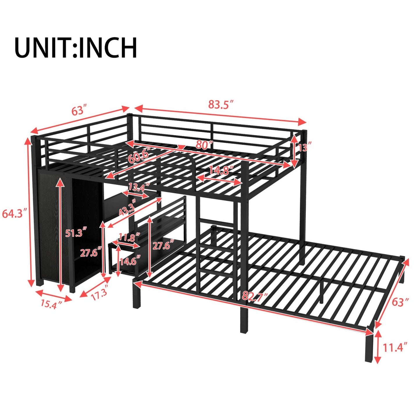 Shared Room Solution Queen Over Queen Metal Bunk Bed with Built-in Wardrobe, Desk, and Storage Chairs, Black | Just Better Bunk Beds