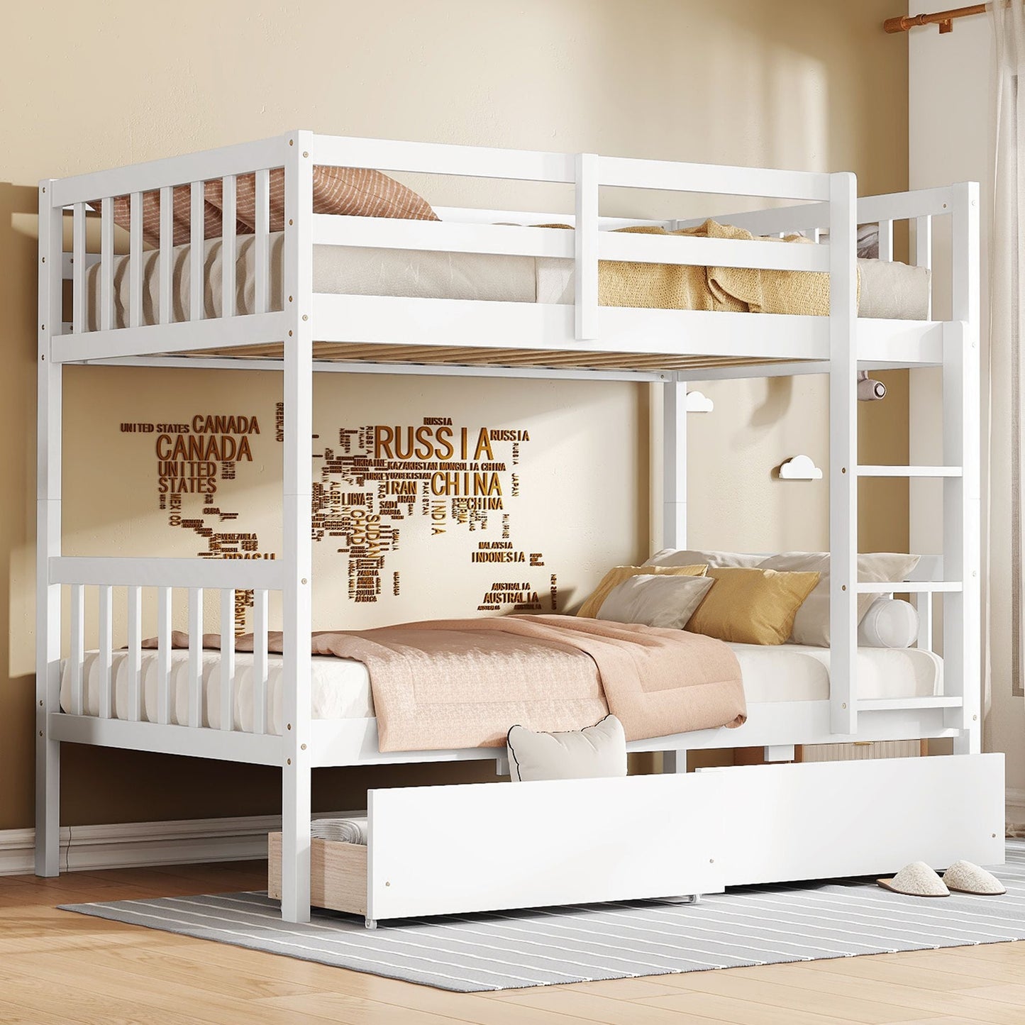Convertible Twin Over Twin Rubber Wood Bunk Bed with 2 Drawers, Ladder, Safety Guardrails, Gray | Just Better Bunk Beds