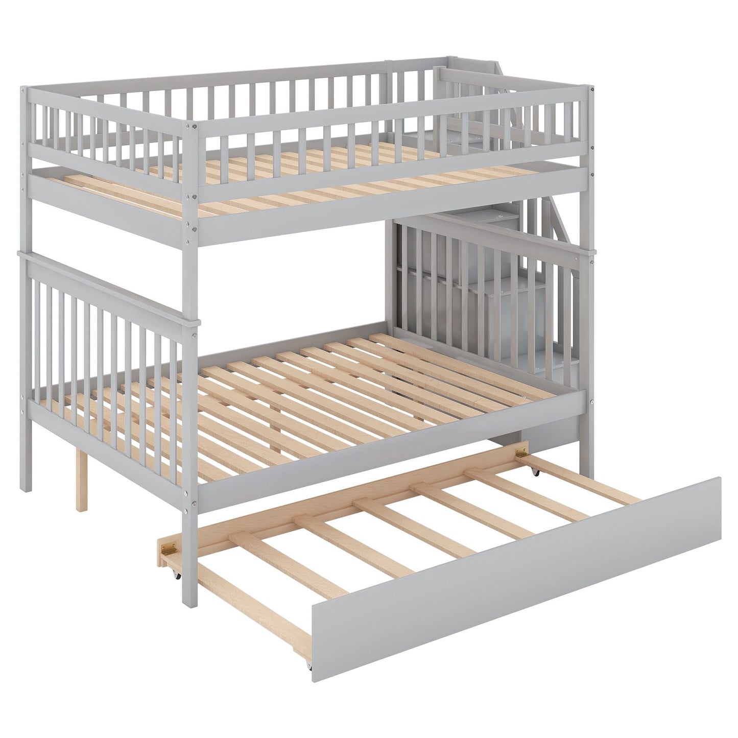 Staircase Storage Full Over Full Wood Bunk Bed with Trundle, Gray | Just Better Bunk Beds