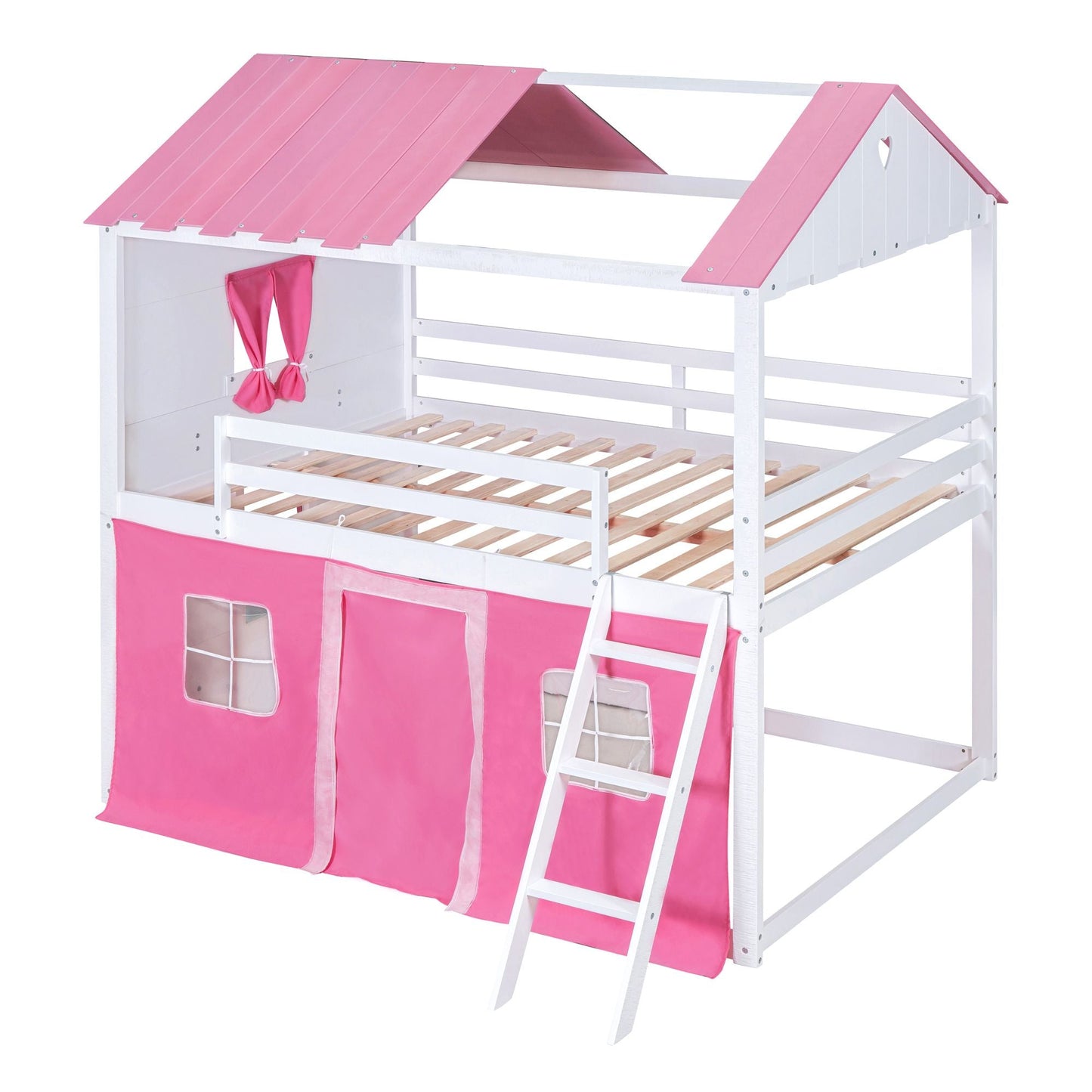 House-Style Full Wood Bunk Bed with Windows, Sills and Tent, Pink and White | Just Better Bunk Beds