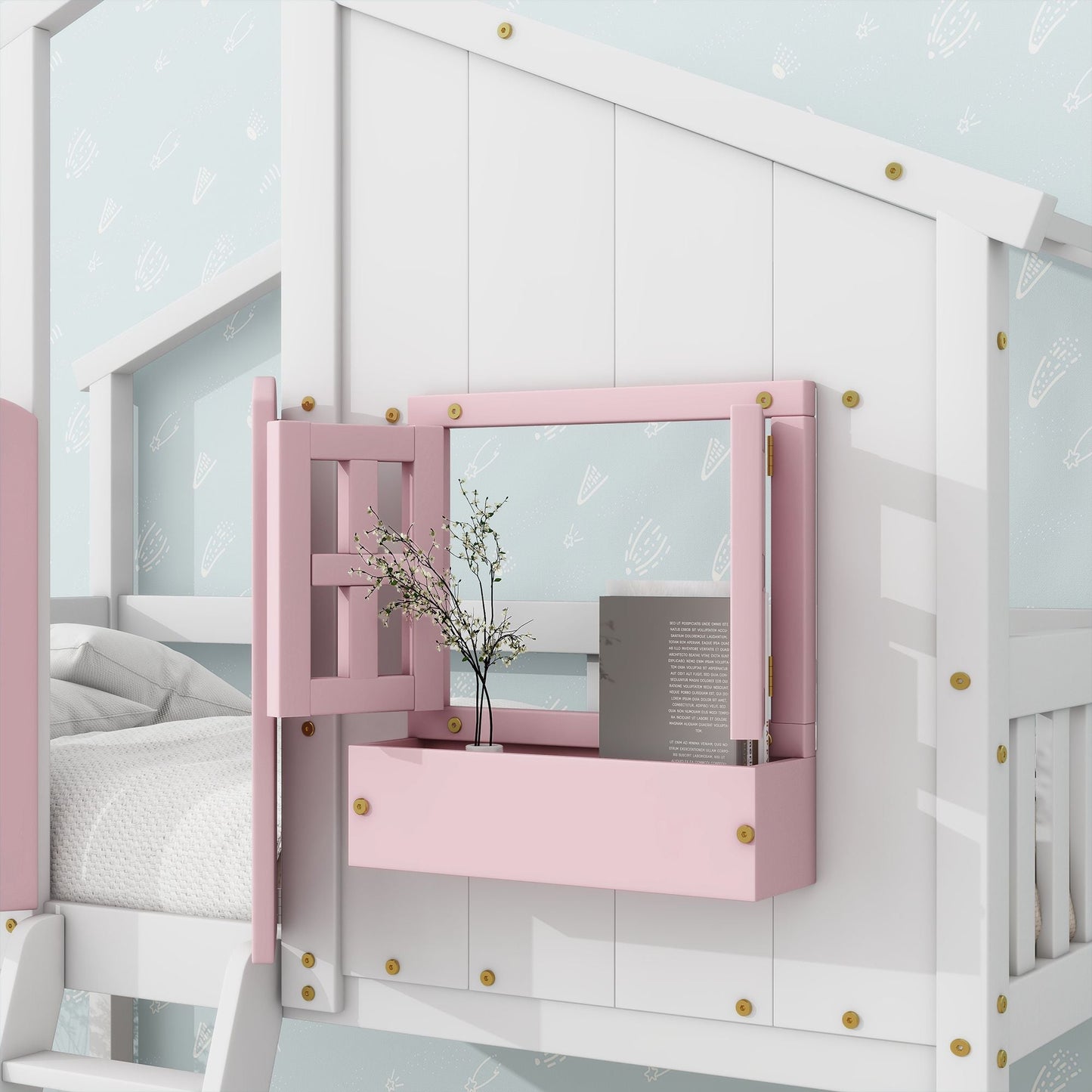 House-Style Twin Over Twin Wood Bunk Bed with Roof, Window, Door, and Ladder, Multiple Colors | Just Better Bunk Beds
