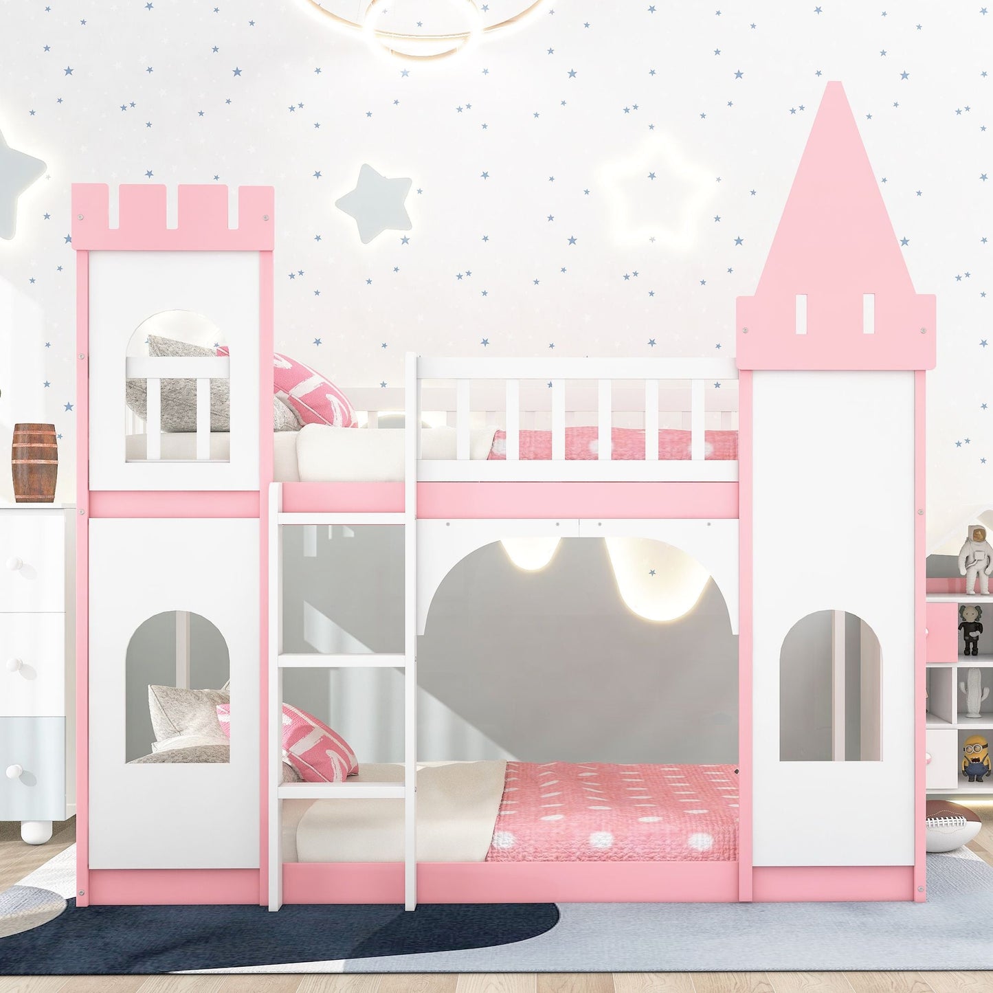 House-Style Twin Over Twin Wood Castle Bunk Bed with Ladder, Pink | Just Better Bunk Beds