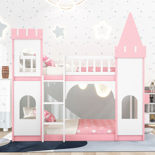 House-Style Twin Over Twin Wood Castle Bunk Bed with Ladder, Pink | Just Better Bunk Beds