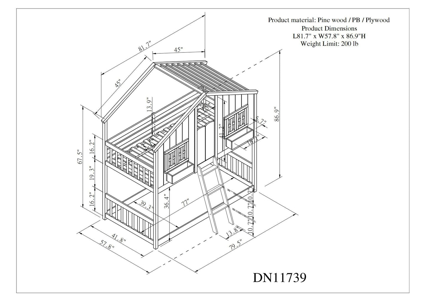 House-Style Twin Over Twin Wood Bunk Bed with Roof, Window, Door, and Ladder, Multiple Colors | Just Better Bunk Beds