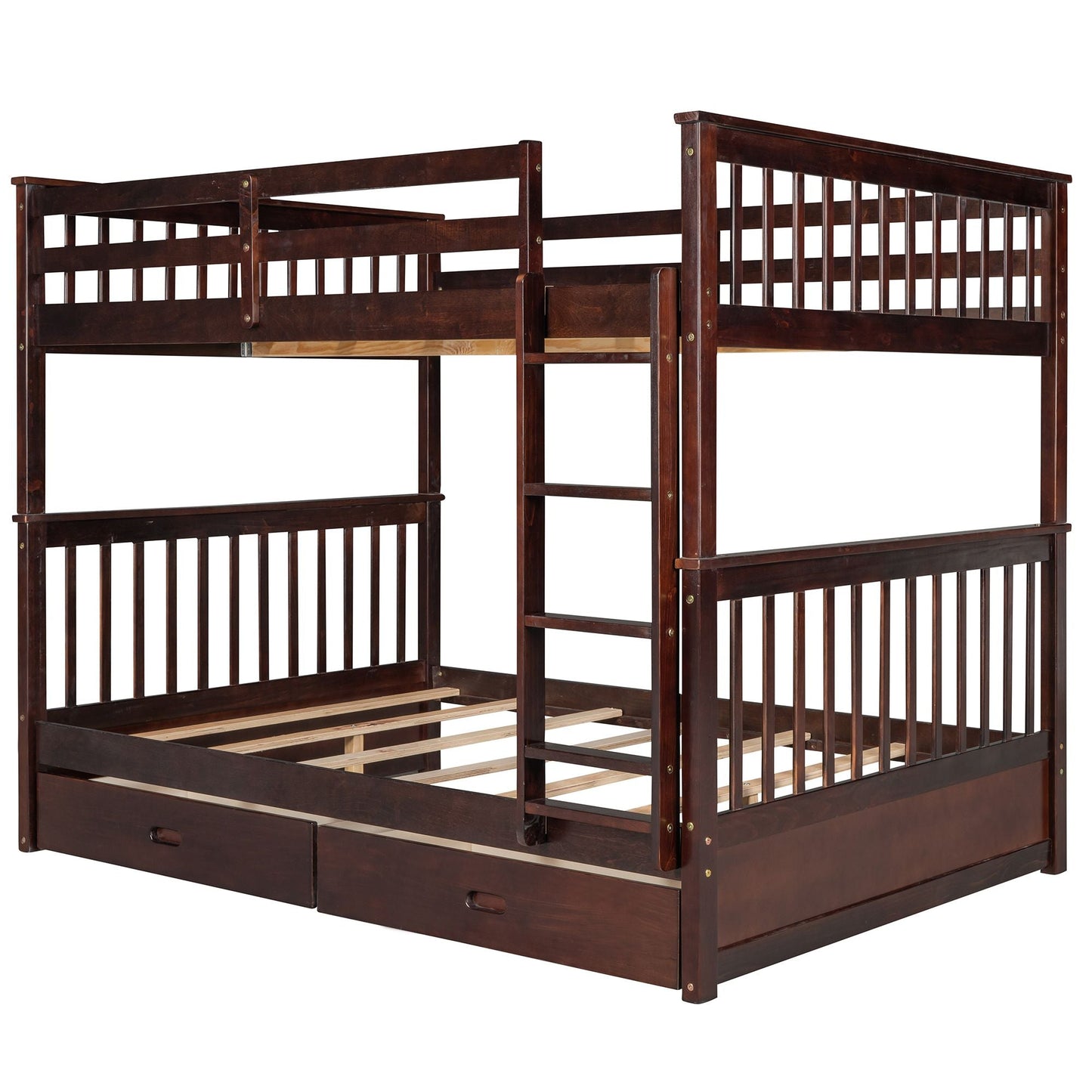 Storage-Focused Full Over Full Wood Bunk Bed with Ladders and Drawers, Espresso | Just Better Bunk Beds
