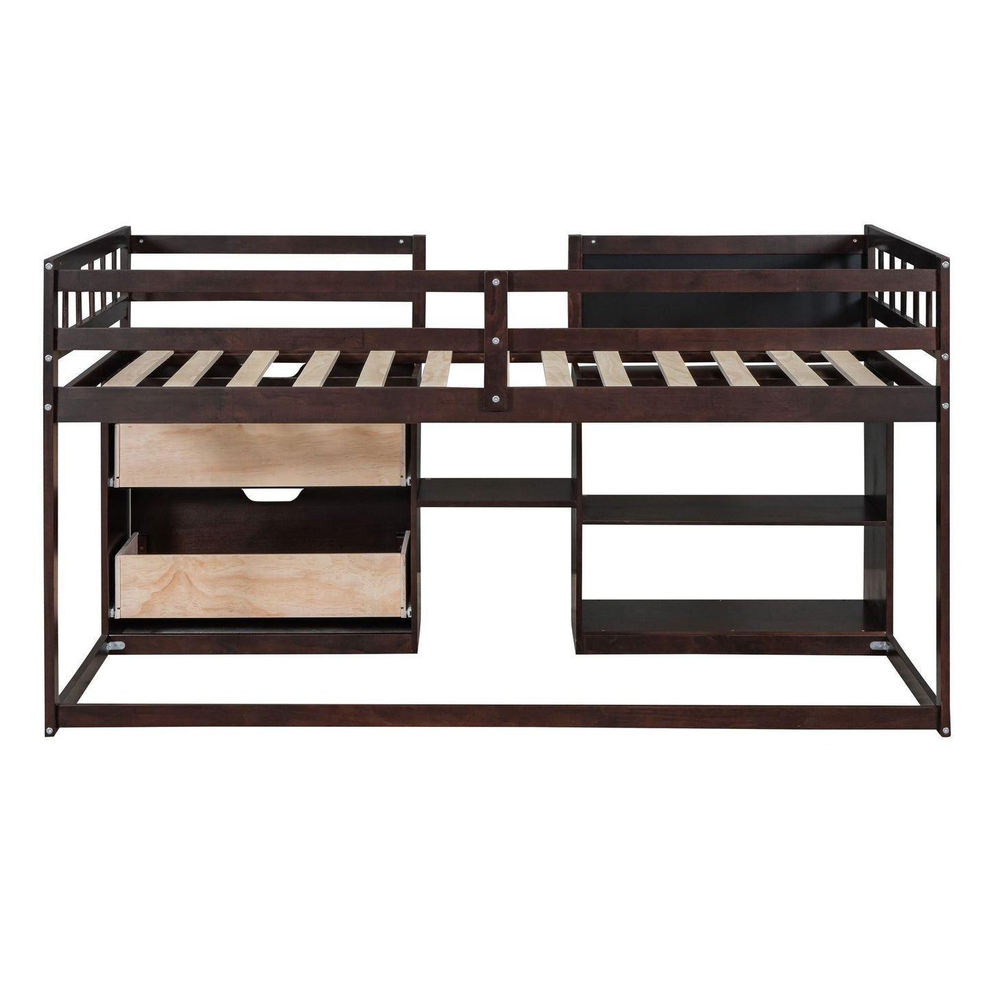 Space-Saving Twin Low Loft Wood Bed with Rolling Desk, Shelf, Drawers, White | Just Better Bunk Beds