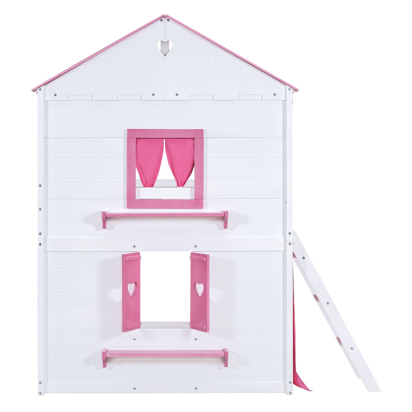 House-Style Full Wood Bunk Bed with Windows, Sills and Tent, Pink and White | Just Better Bunk Beds