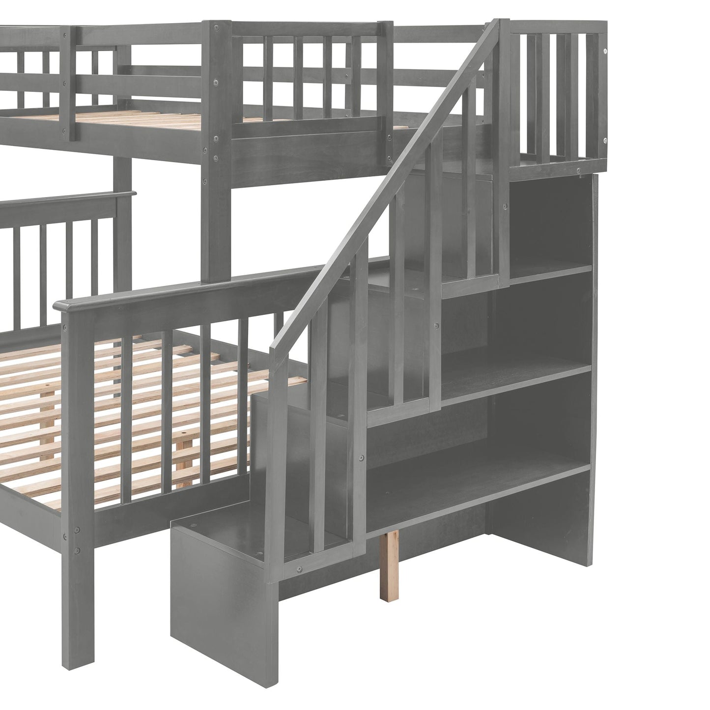 Staircase Storage Twin Over Full Wood Bunk Bed with Drawer, Storage, and Guard Rail, Gray | Just Better Bunk Beds