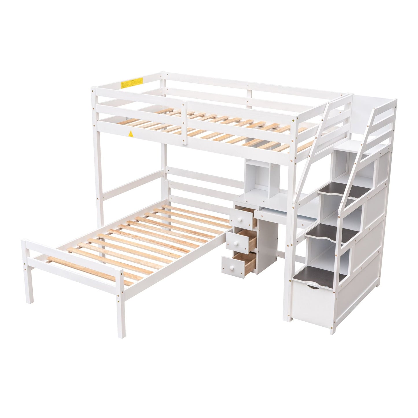 Space-Saving Twin Wood Loft Bed with Stand-Alone Bed, Storage Staircase, Desk, Shelves and Drawers, White | Just Better Bunk Beds