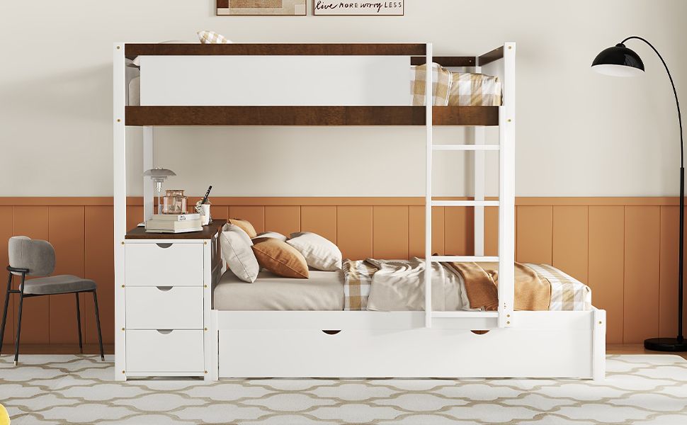 Shared Room Solution Full Over Full Wood Bunk Bed with Twin Trundle, Storage, Desk, White Walnut | Just Better Bunk Beds
