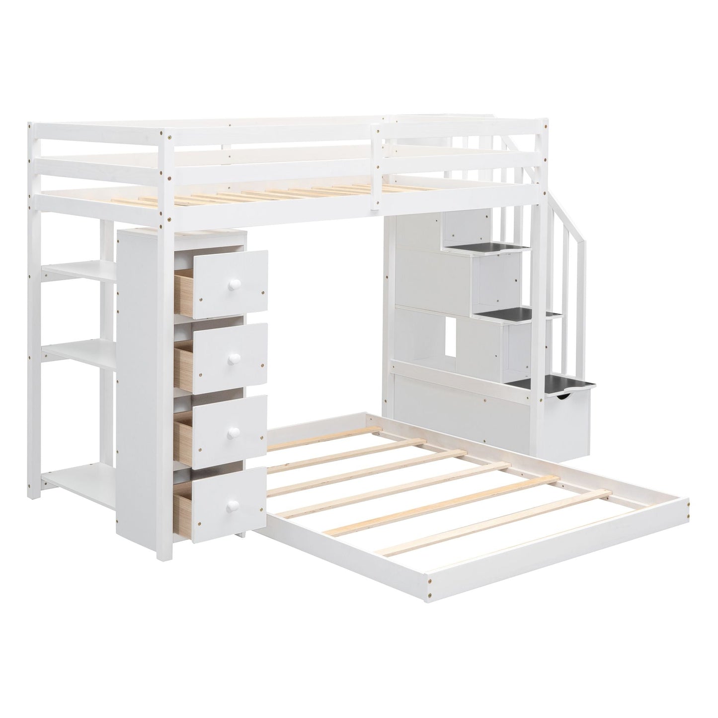 Storage Staircase Twin Over Full Wood Bunk Bed with 3-Layer Shelves and Drawers, White | Just Better Bunk Beds
