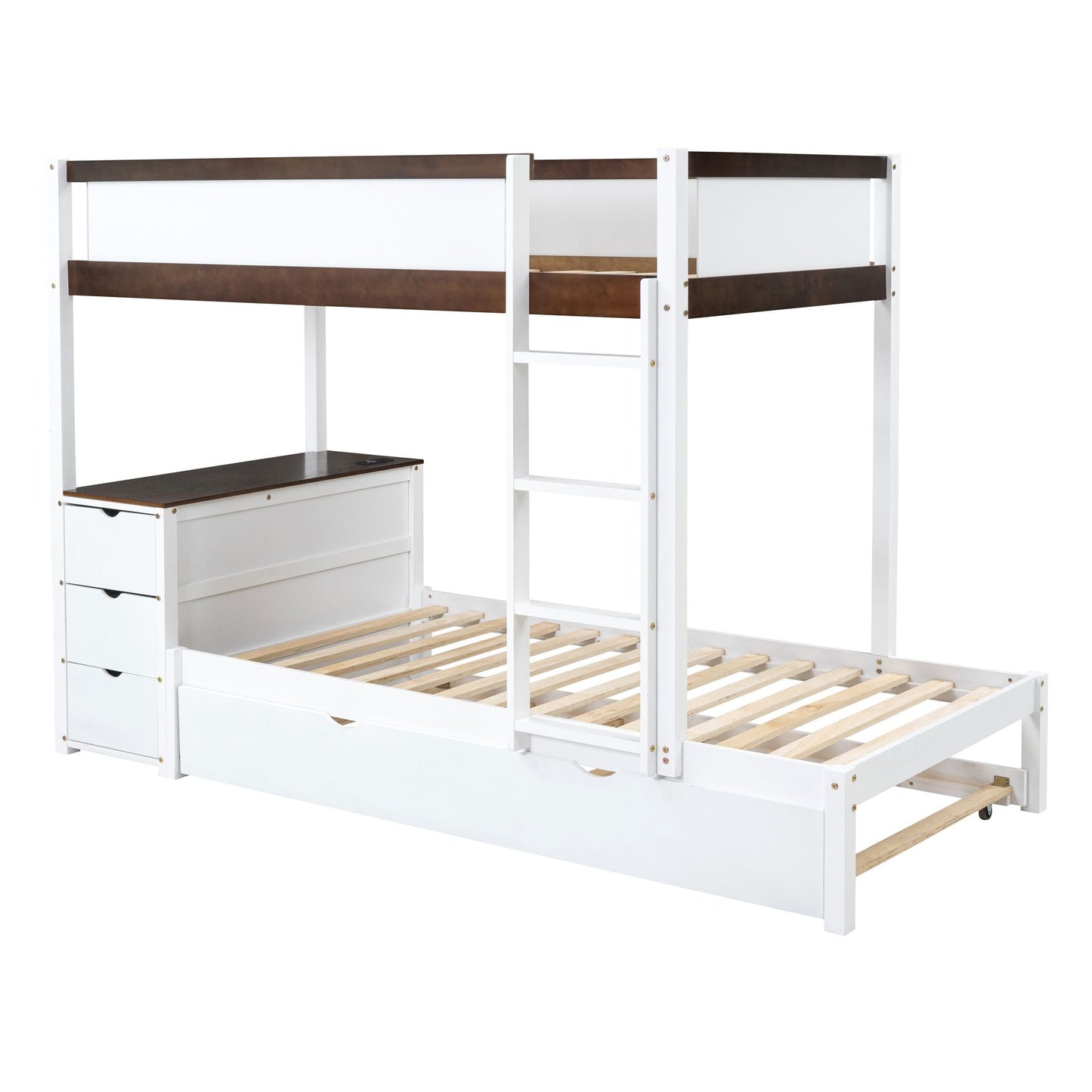 Multi-Functional Twin Over Twin Wood Bunk Bed with Trundle, Storage and Desk, White Walnut | Just Better Bunk Beds