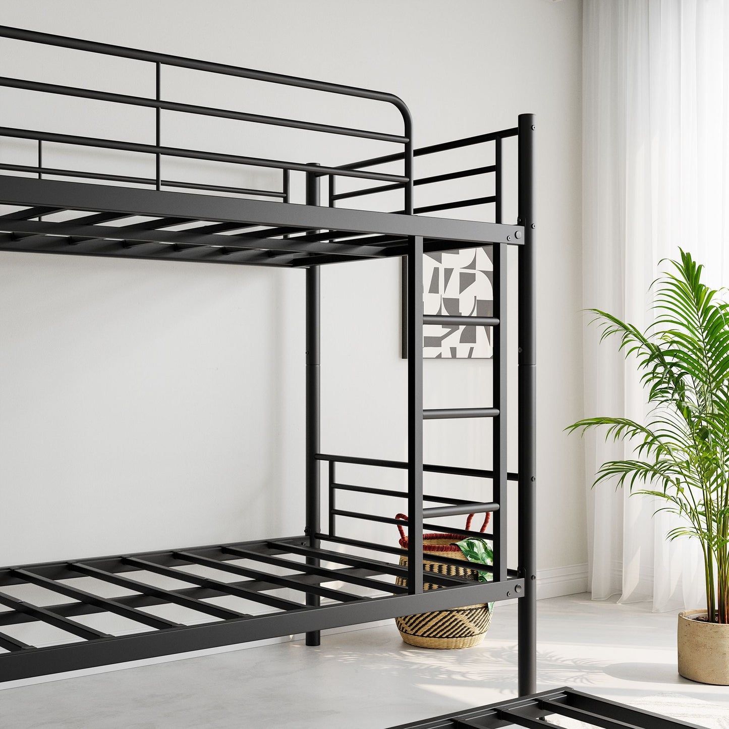 Space-Saving Twin Metal Bunk Bed with Trundle, Ladder, and Guardrail, Black | Just Better Bunk Beds