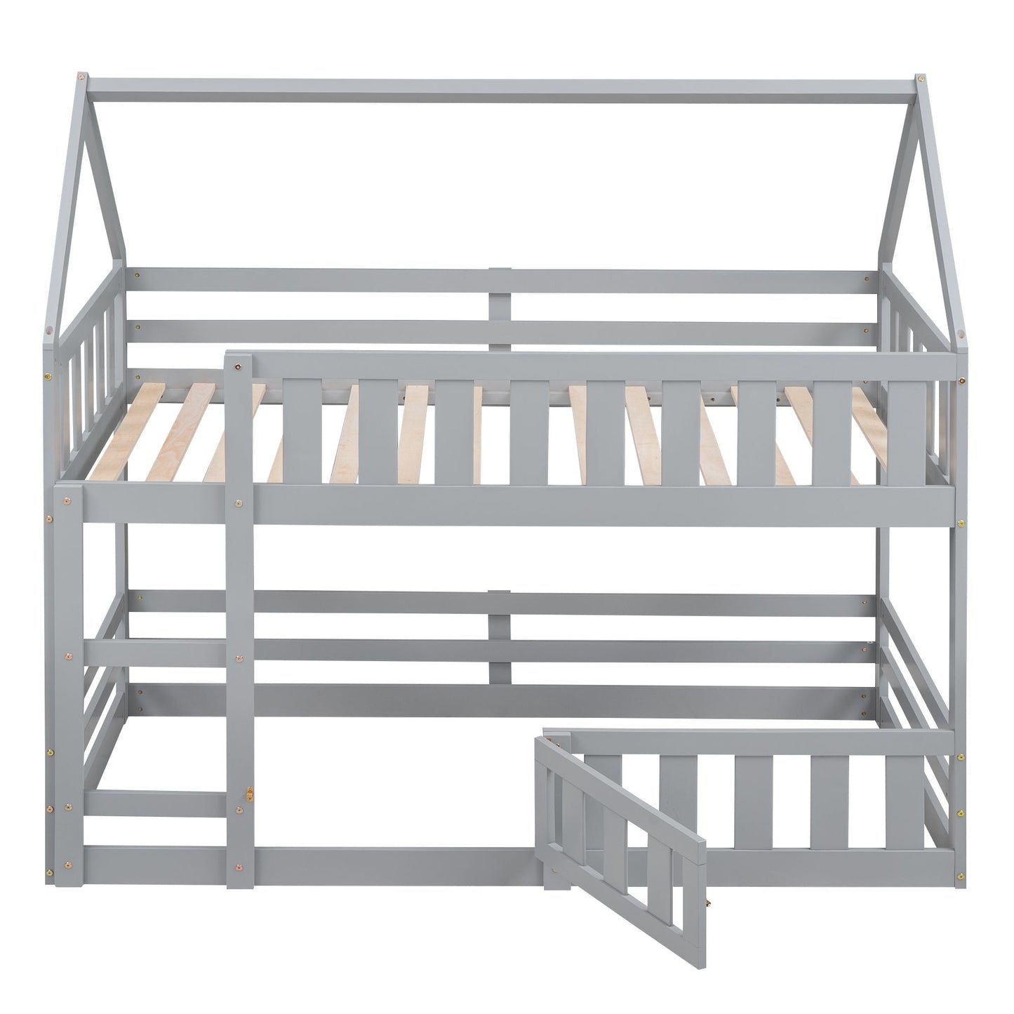 Kids Bedroom Twin Over Twin Wood House Bunk Bed with Fence and Door, Gray | Just Better Bunk Beds