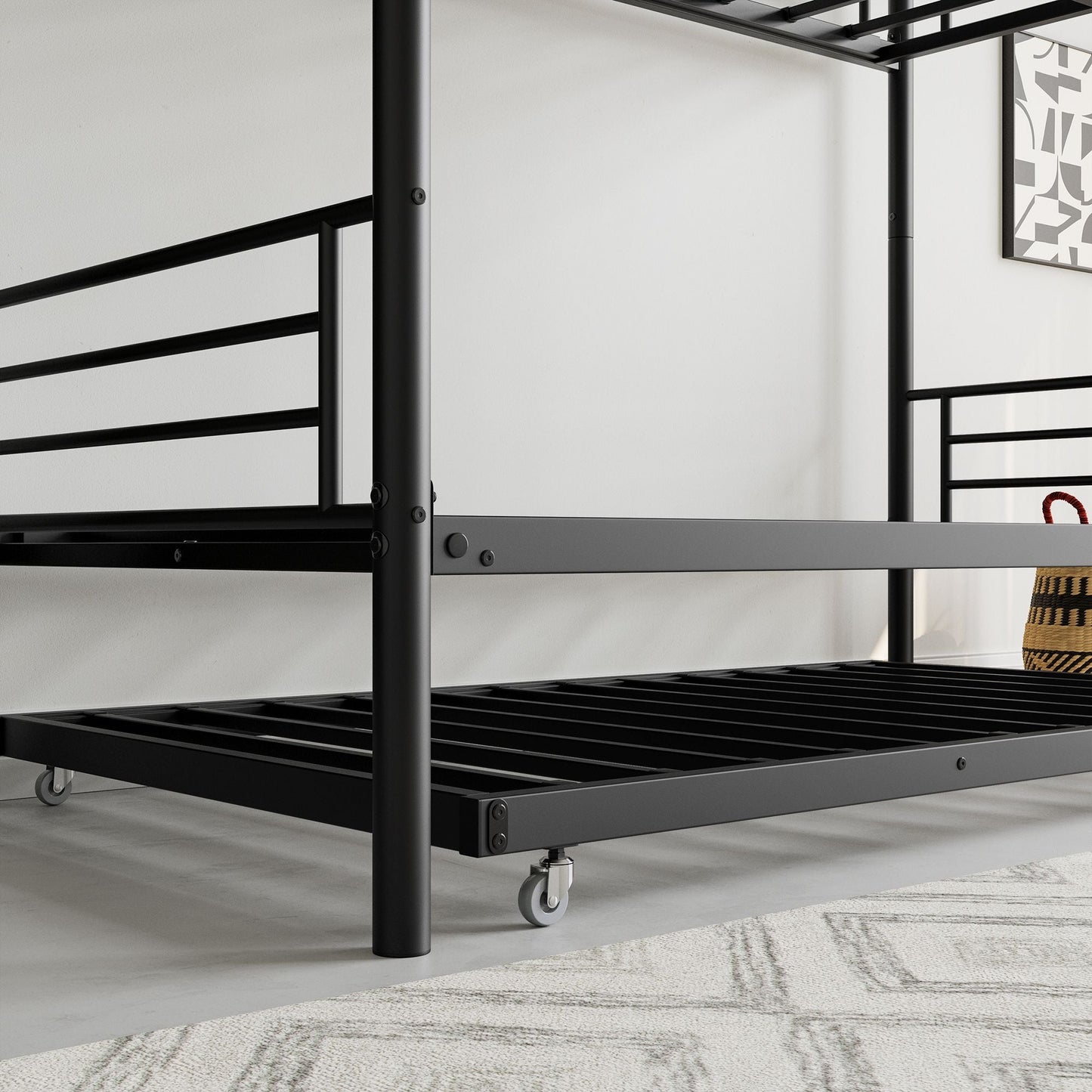 Space-Saving Twin Metal Bunk Bed with Trundle, Ladder, and Guardrail, Black | Just Better Bunk Beds